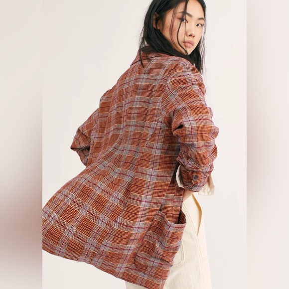 Free People Linen Blend Slouchy Simply Plaid Blazer Size Medium - Picture 3 of 8